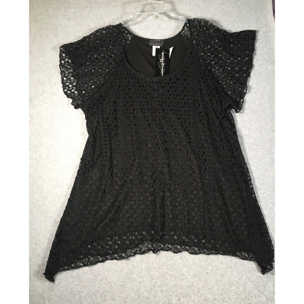 Brittany BlacK Womens Top 2X Black Lace Short Flutter Sleeves Sharkbite Hem NEW